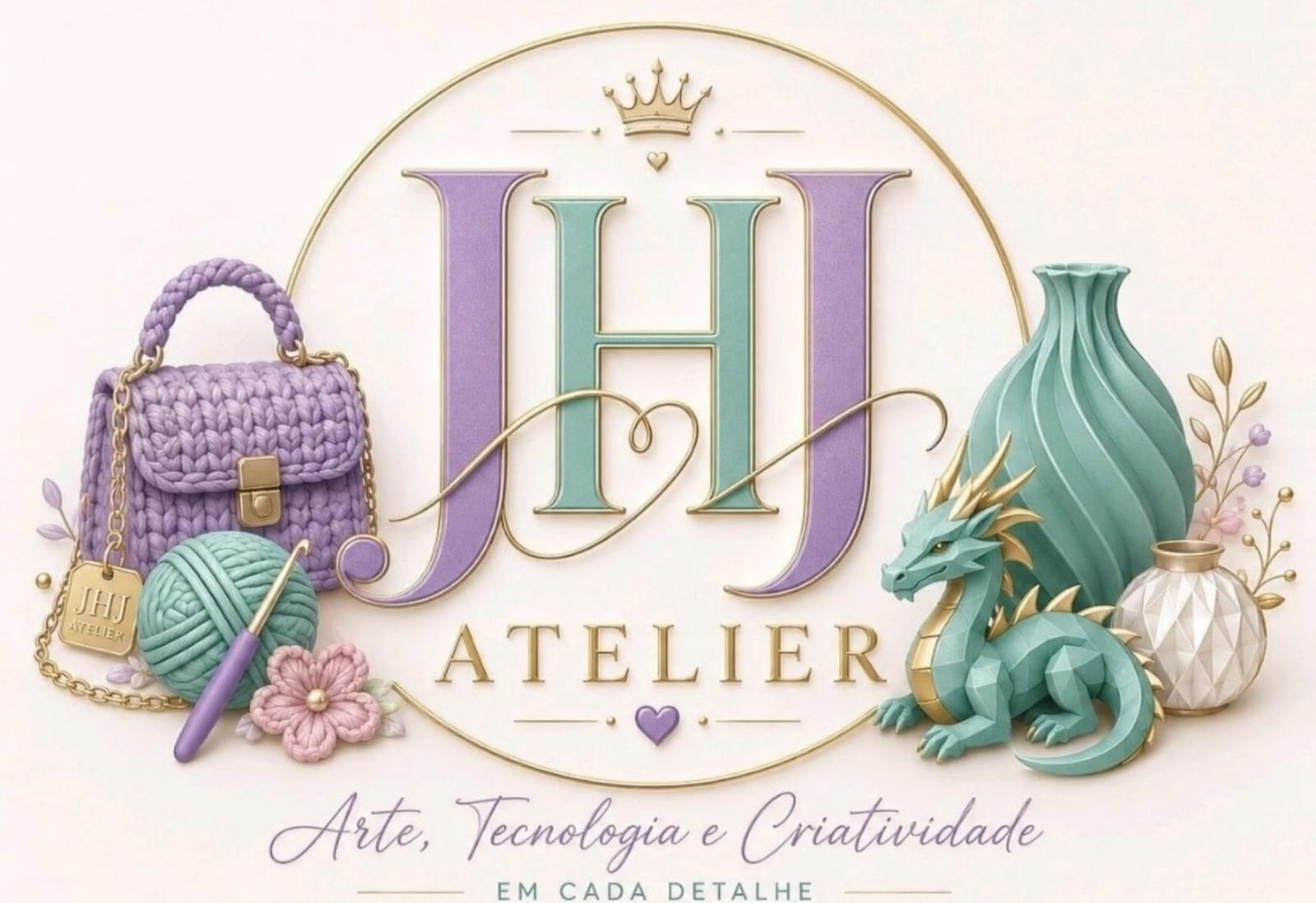 Logotipo JHJ Atelier em impressão 3D com coroa e corações